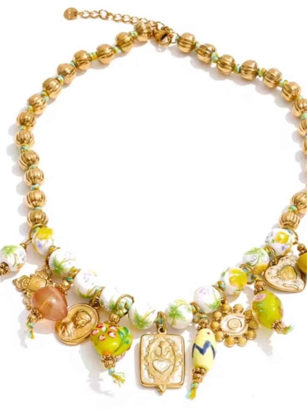Gold-tone Necklace with Green, Yellow and White Beaded Charms